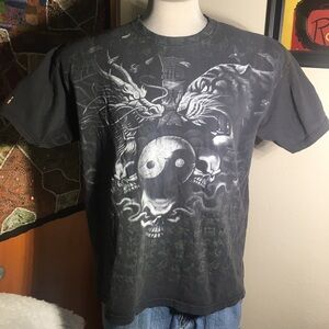 Vintage Y2K Yin Yang Shirt Mens Large Black Tiger Skulls Flames Cyber Grunge‎